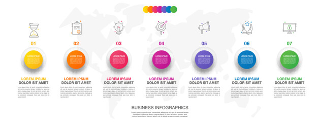 Vector line infographics with seven circles. Business concept graphic process template with 7 steps. Graphic timeline for app, website, interface, chart, levels, web, diagram, banner, presentations