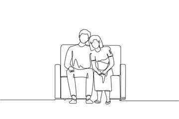 Single continuous line drawing man comforting sad woman. Male supporting female who is feeling emotional sad depressed. Husband embrace comforts his woman. One line graphic design vector illustration