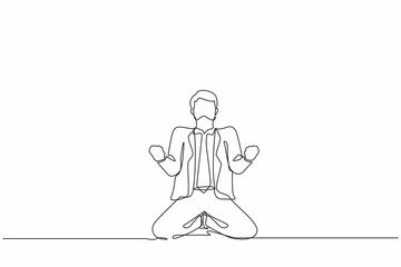 Obraz na płótnie Canvas Single one line drawing happy businessman kneeling with both hands do gesture yes. Male manager celebrating success of increasing company's product sales. Continuous line draw design graphic vector