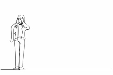 Fototapeta na wymiar Single one line drawing financial problems and bankruptcy concept. Sad depressed businesswoman standing thinking about finding money for paying bills during crisis. Continuous line draw design vector