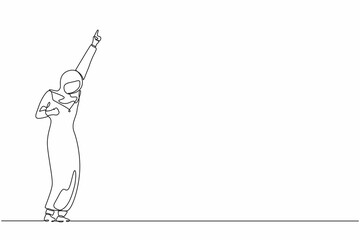 Continuous one line drawing happy Arabian businesswoman standing with raise one hand and other hand pose yes. Office worker celebrate success of company project. Single line draw design vector graphic