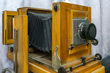 Vintage large wooden studio camera close-up. Museum of photography