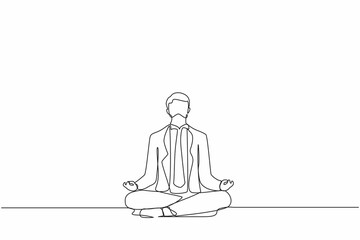Single continuous line drawing businessman doing yoga. Office worker sitting in yoga pose, meditation, relaxing, calm down and manage stress. Dynamic one line draw graphic design vector illustration