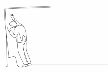 Single one line drawing businessman crying sad lost his opportunity. Depressed office worker wailing on the wall losing his job. Depressive disorder, sorrow. Continuous line draw design graphic vector