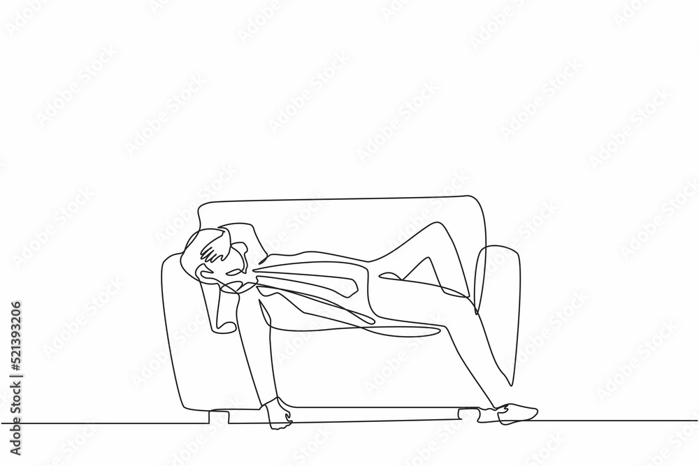 Poster single one line drawing unhappy businessman sad tired sleepy mood resting on sofa. frustrated worker