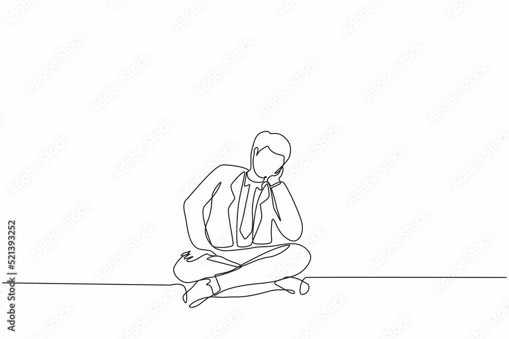 Poster continuous one line drawing businessman who is asking questions or is confused because he gets into 