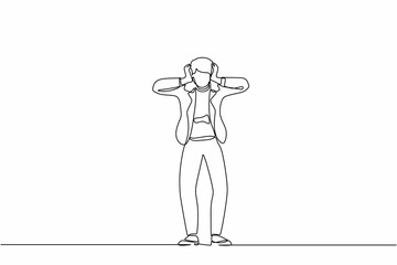 Continuous one line drawing stressed businesswoman with headache, hands on her head, migraine, health problems, pain head, emotion, stress work, tired, suffer. Single line draw design vector graphic