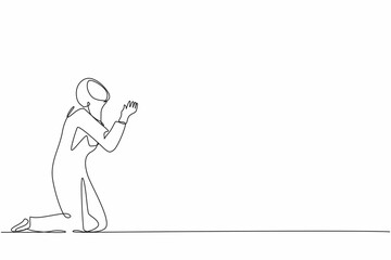 Single one line drawing Arab businesswoman or manager is on her knees and ask for help. Woman in business blazer praying. Psychological therapy, treatment. Continuous line draw design graphic vector