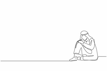 Continuous one line drawing very sad Arab businessman sitting alone on the floor. Depressed young man disorder, sad, sorrow, disappointment symptom. Single line draw design vector graphic illustration