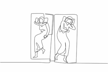 Single one line drawing Arab man and woman are sleeping on the bed, Obsessive couple thoughts. Sexual problems in couple, divorce, depression, insomnia. Continuous line draw design vector illustration