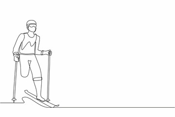 Single one line drawing male athlete skier without legs skiing in snow.  sportsman with skis and poles in glasses in winter. Sport, tournament. Continuous line draw design vector illustration