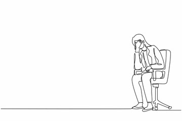 Obraz premium Single one line drawing sad depressed businesswoman sitting on chair thinking about finding money for paying bills during crisis. Financial problems and bankruptcy. Continuous line draw design vector
