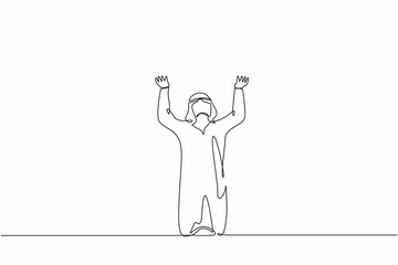 Single continuous line drawing sad shocked Arab businessman kneeling and pray. Losing money, economy crisis, bankrupt, depressed. Male standing on his knees. one line draw design vector illustration