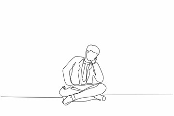 Continuous one line drawing businessman who is asking questions or is confused because he gets into problem. Running out of ideas, daydreaming, sad, depressed. Single line draw design vector graphic