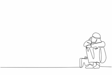 Single one line drawing depressed Arabian businessman suffer emotion sadness melancholy stress with briefcase sitting in despair on the floor. Worker sad expression. Continuous line draw design vector