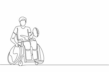 Single continuous line drawing American football player recovering from injury on wheelchair.  man playing on sport competition. Athlete with physical disorder. One line graphic design vector