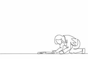 Single continuous line drawing depressed businesswoman with briefcase crawling in despair on floor. Frustrated office worker mental health problems. One line draw graphic design vector illustration