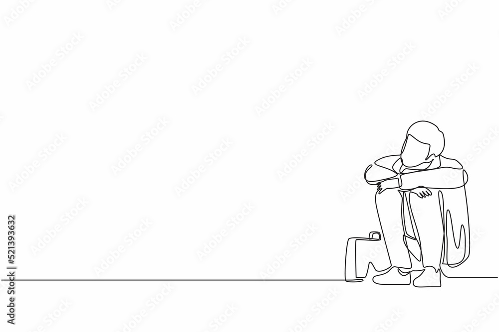 Poster continuous one line drawing depressed businessman suffer emotion sadness melancholy stress with brie
