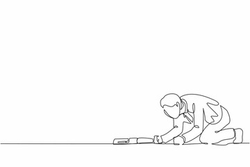 Single one line drawing depressed businessman with briefcase crawling in despair on the floor. Frustrated office worker mental health problems. Continuous line draw design graphic vector illustration