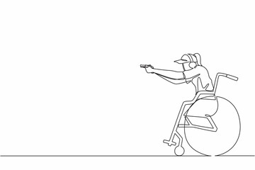Single continuous line drawing young sportswoman in wheelchair engaged in sports shooting with gun. Hobbies and interests of people with disabilities. One line draw graphic design vector illustration