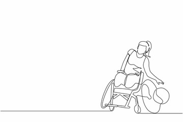 Fototapeta na wymiar Single one line drawing athlete playing basketball sitting in wheelchair. woman with paralyzed legs training with ball. Person with disability doing sports. Continuous line draw design vector