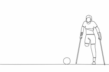Single continuous line drawing disabled woman with crutches playing football in stadium. Disability soccer athlete. Amputated sportswoman playing on sport competition. One line graphic design vector