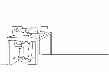 Single continuous line drawing exhausted sick tired male manager in office sad boring sitting with head down on laptop. Frustrated worker mental health problems. One line draw graphic design vector