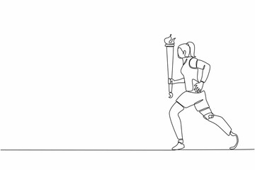 Single one line drawing  young athlete with prosthetic leg holding torch. Disability sportswoman participating in opening ceremony of sport tournament. Continuous line design graphic vector