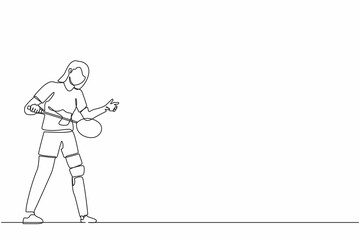 Single continuous line drawing female athlete playing badminton.  woman with prosthetic leg holding racket. Person with disability performing sports activity. One line graphic design vector