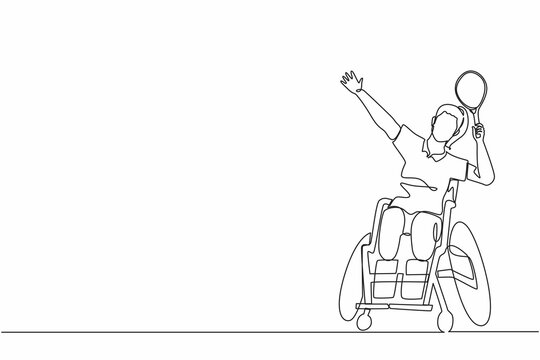 Single one line drawing  badminton player sitting on wheelchair with smash pose. Disabled sportswomen wear uniform, amputee woman sport competition. Continuous line draw design graphic vector