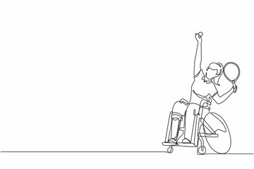 Single continuous line drawing wheelchair tennis sport.  athlete in wheelchair with racket. Active people. Woman. Disability, social policy. Social support. One line draw graphic design vector