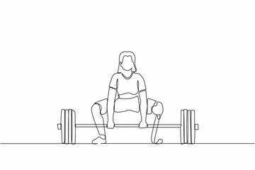 Continuous one line drawing disabled female athlete exercising lifting weights. Disabled young woman training in gym with barbell. Disability sportswoman concept. Single line design vector graphic