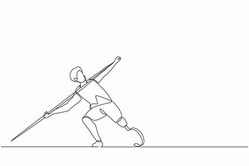 Single one line drawing disabled athlete throwing spear with prosthesis leg. Disabled sportsman with amputated foot. Disability sport, championship, games. Continuous line draw design graphic vector