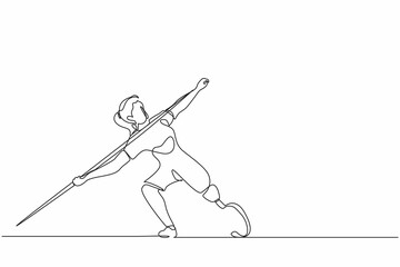 Continuous one line drawing disabled athlete throwing spear with prosthesis leg. Disabled sportswoman with amputated foot. Disabled sport, disability games. Single line draw design vector graphic