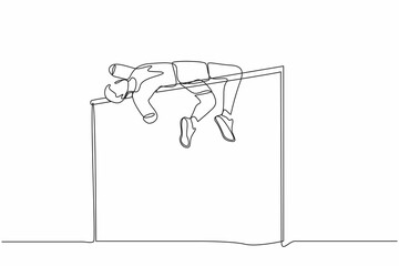 Continuous one line drawing disabled man doing exercise and become champion high jumper with amputee arms. Disability sport, invalid person playing athletic game. Single line design vector graphic