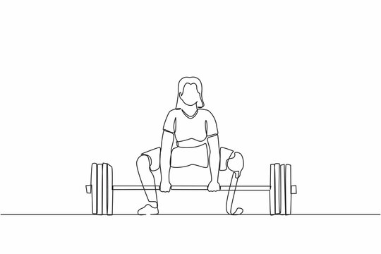 Continuous one line drawing disabled female athlete exercising lifting weights. Disabled young woman training in gym with barbell. Disability sportswoman concept. Single line design vector graphic
