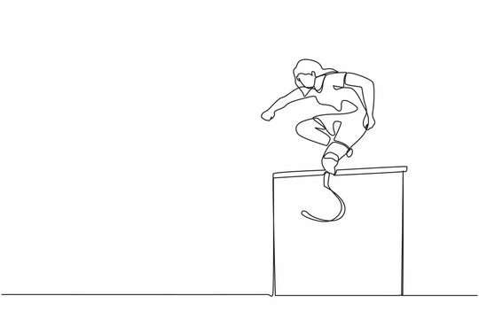 recommend clip art: Single one line drawing amputated young female athlete jumping, running over hurdle. Disability games with hurdle race. Disabled sport concept. Continuous line draw design graphic vector illustration
