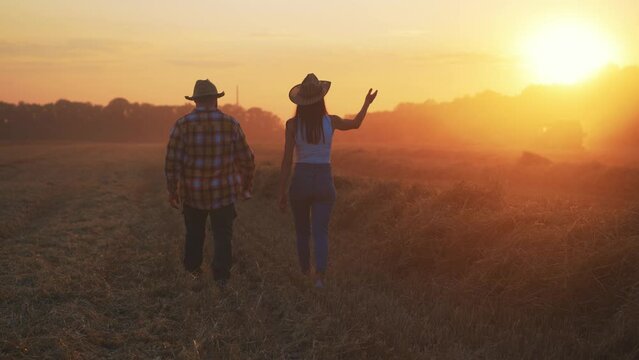 Back view of two farmers: man and woman walking along plowed field on red sunset. Friends relax in evening walk on outdoor nature. People talking and gesture. Rural scene. Agronomy and agricultural.