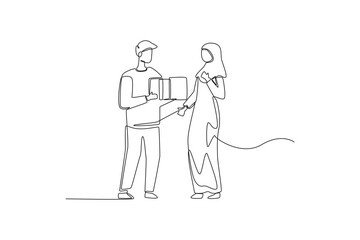 Single one line drawing Muslim man gives a surprise gift to his hijabi wife. gift box concept. Continuous line draw design graphic vector illustration.