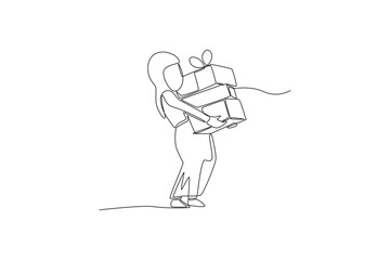 Single one line drawing  little girl muslim holding stack of gift boxes. gift box concept. Continuous line draw design graphic vector illustration.
