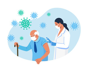 Doctor, nurse giving a coronavirus vaccine to elderly man. Old people vaccination for immunity health for covid-19. Immunization of adults