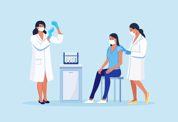 Medical doctor in protective facial mask, gloves injecting a patient, giving a coronavirus vaccine to woman. People vaccination for immunization against covid-19
