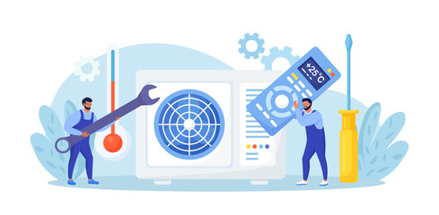 Professional service for repair of air conditioners. Maintenance and installation of cooling systems. Warranty repair and cleaning,  replacement of filters. Worker with wrench