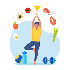 Diet plan. Man doing  exercise and planning diet with fruit and vegetable. Guy doing yoga. Dietary eating, meal planning, nutrition consultation, healthy food, sport. Health lifestyle, fitness