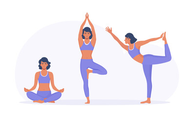 Young woman meditating and sitting in lotus position. Yoga, meditation, relax and healthy lifestyle. Girls practicing yoga pose: lord of the dance, tree. Slim sportive girl doing fitness exercises.
