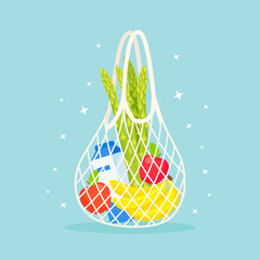 String mesh cotton eco bag full of fresh organic bananas, apples, asparagus and milk. Net bags with various products. Zero waste, plastic free concept. Different stuff from local market