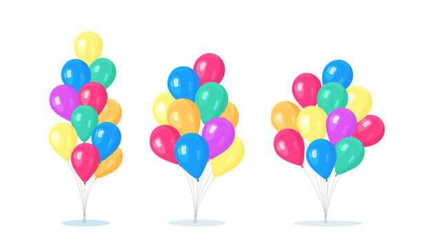 Set of bunch of helium balloon, flying air balls  isolated on white background. Happy birthday, holiday concept. Party decoration