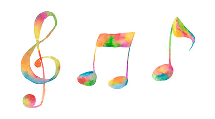 Watercolor illustration with music notes and treble clefs. Isolated illustration on the theme of music on a white background