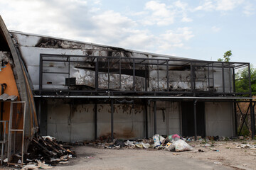 facades of buildings in the city of Bucha damaged as a result of the war