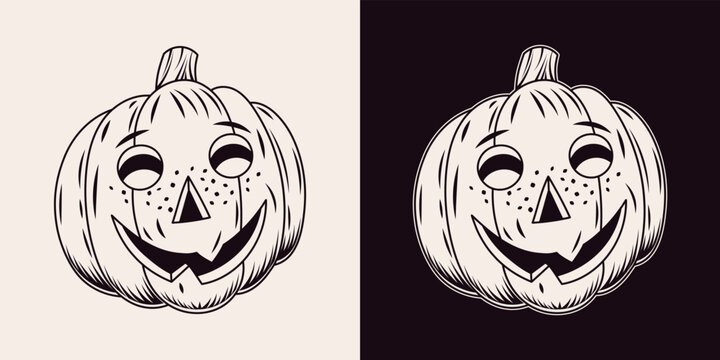 recommend clip art: Halloween pumpkin with happy grinning smile, cute grimace. Stylized as baby face with freckles. Traditional jack o lantern. Monochrome vector illustration isolated on a white, black background.